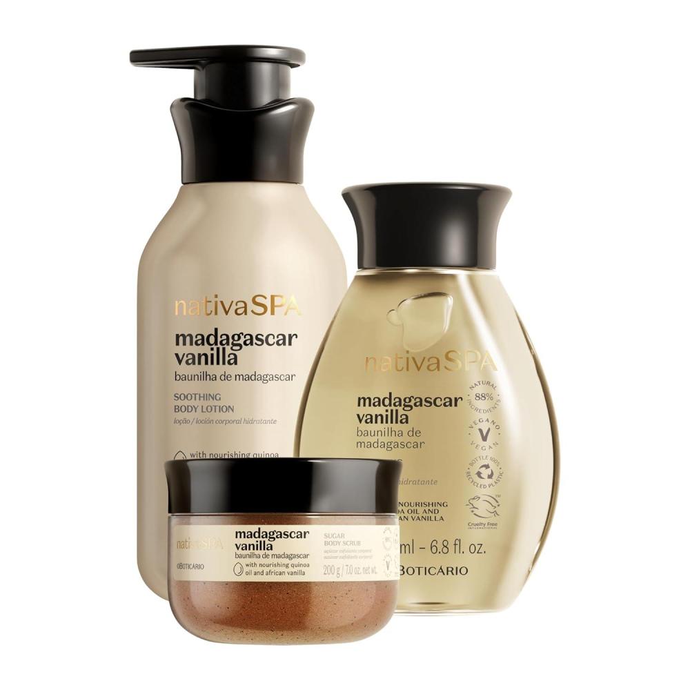 imageNativa SPA by O Boticrio Vanilla Soothing Body Care Bundle Madagascar Vanilla Body Lotion Body Oil and Body Scrub
